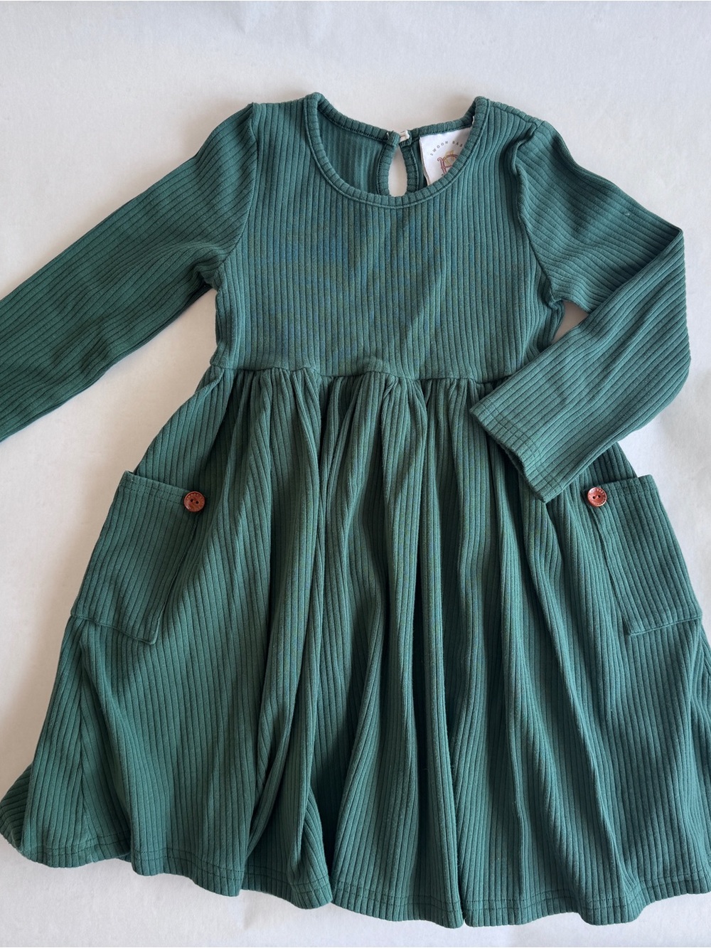 Girls' Ribbed Pocket Dress in Deep Teal Green